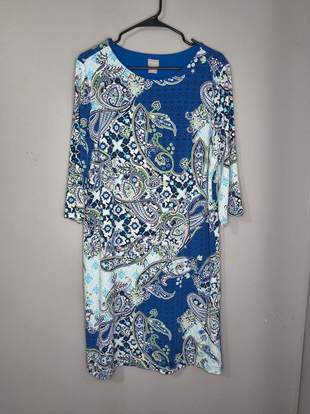 Chico's Blue Patterned Dress 3/4 Sleeve Straight Hem Stretch Pullover Size 2 Lg
